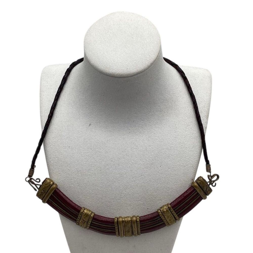 Vintage Tribal Choker Necklace Brown Leather with Brass Accents